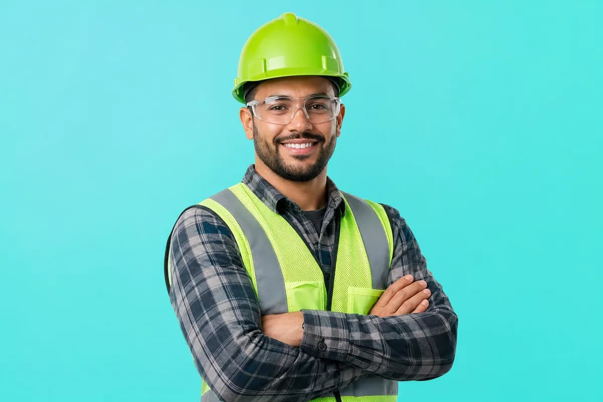 Trabalhador brasileiro com capacete verde, óculos de proteção e colete refletivo — EPI em dia.